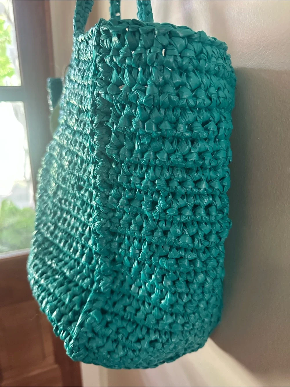Handmade Woven Turquoise Market Tote Beach Pool Grocery Bag Durable Plastic - Picture 3 of 6
